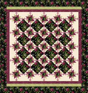 ROSE APPLE COTTAGE BLACK-ROSE/PINK Queen Size Complete Quilt Kit