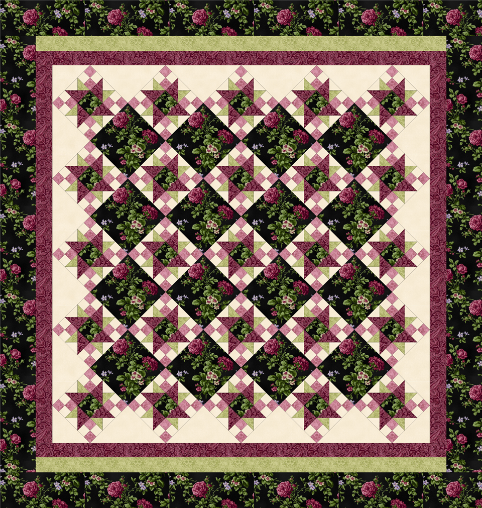 ROSE APPLE COTTAGE BLACK-ROSE/PINK Queen Size Quilt Top Kit