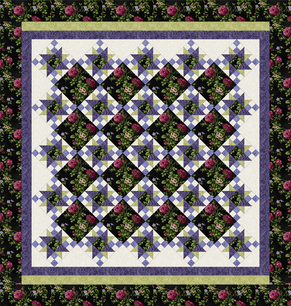 ROSE APPLE COTTAGE BLACK-PURPLE Queen Size Complete Quilt Kit