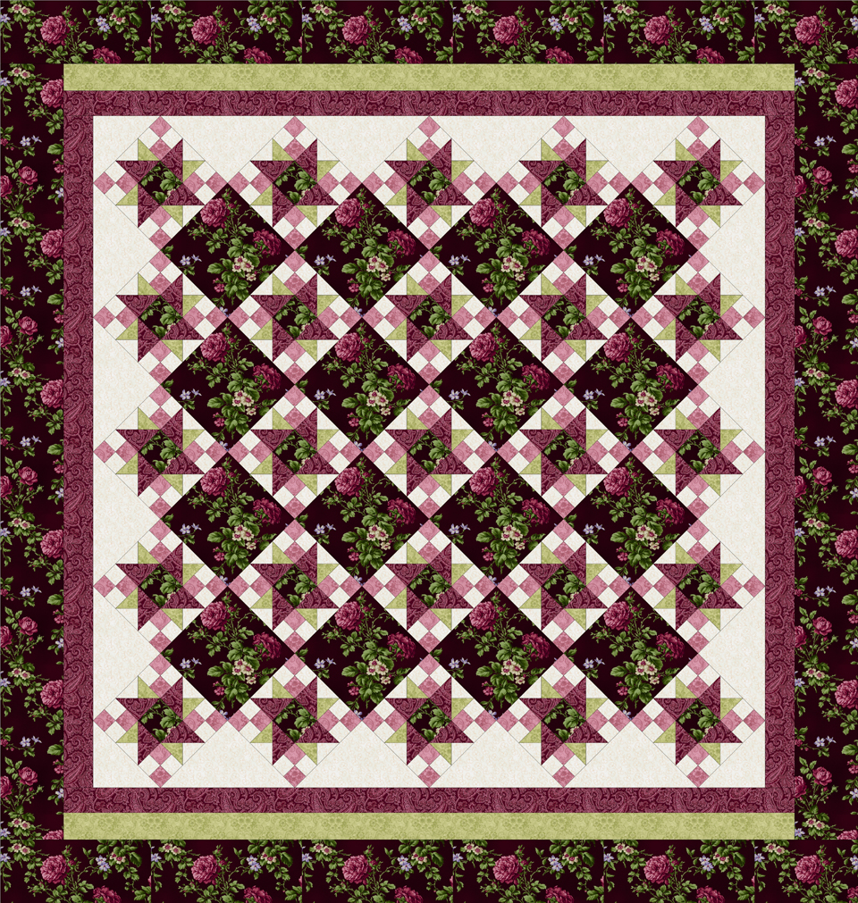 ROSE APPLE COTTAGE BURGUNDY Queen Size Quilt Top Kit