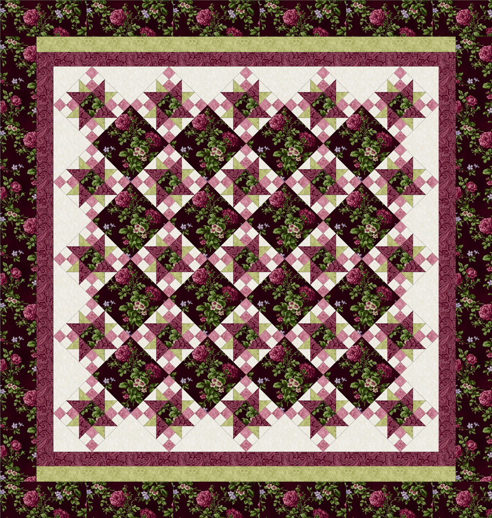 ROSE APPLE COTTAGE BURGUNDY Queen Size Quilt Top Kit